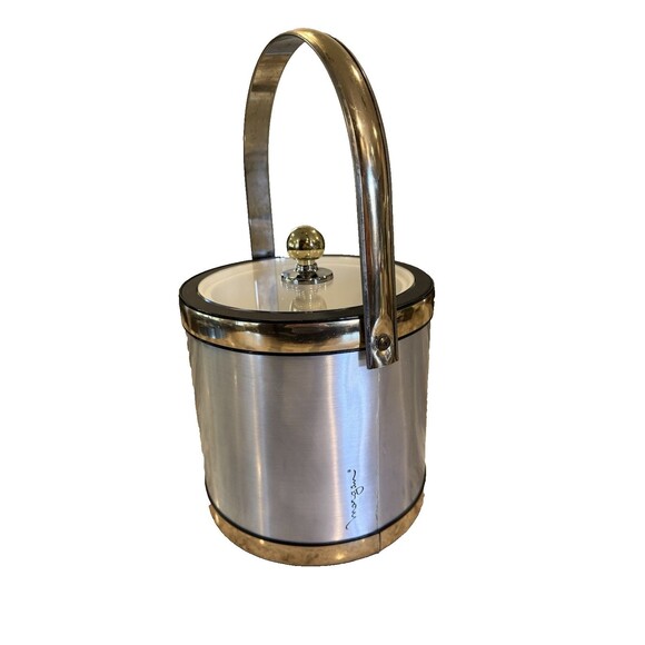Morgan Ice Bucket MCM Barware MCM 8" x 8" Gold Silver Tongs Top w/ Knob Vintage - Picture 5 of 11